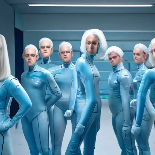 Image similar to troop of identical athletic humans with white hair wearing tight light blue latex suits, in formation, futuristic chemistry lab, sci - fi, highly detailed, hyperrealistic