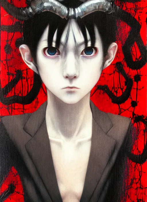 Image similar to yoshitaka amano blurred and dreamy realistic three quarter angle horror portrait of a sinister young woman with short hair, horns and red eyes wearing office suit with tie, junji ito abstract patterns in the background, satoshi kon anime, noisy film grain effect, highly detailed, renaissance oil painting, weird portrait angle, blurred lost edges