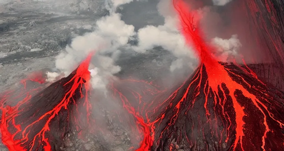 Image similar to a volcano made of ivory vines and crimson rocks enters in eruption, it spits a smoke in the shape of demonic eye, by Wit Studio