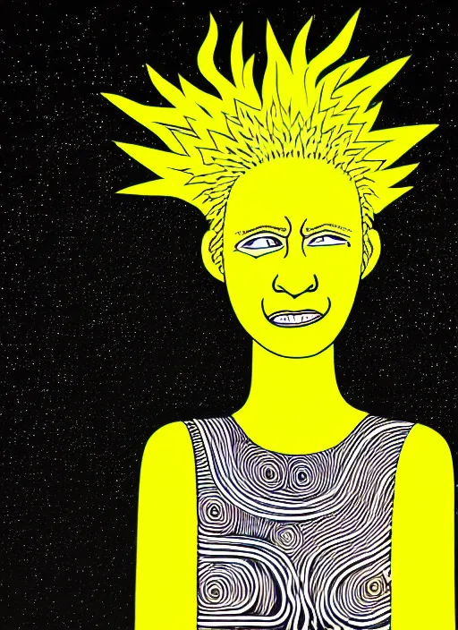 Prompt: highly detailed closeup portrait of wasteland wavy glowing yellow and white plasma hair cute happy tribal lady, stray electric spark wiring by jean jullien, 4 k resolution, gradient yellow, black and white color scheme!!! ( ( dystopian city background ) )