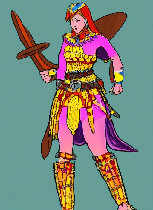 Prompt: a full body concept art of a warrior princess in colorful clothing