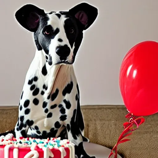 Image similar to photo of dalmatian dog with a birthday cake,