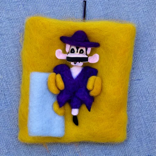 Image similar to a needle felted waluigi, needle felting art.