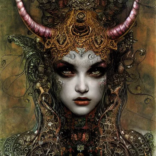 Prompt: horned demon, intricate detail, klimt, royo, whealan,