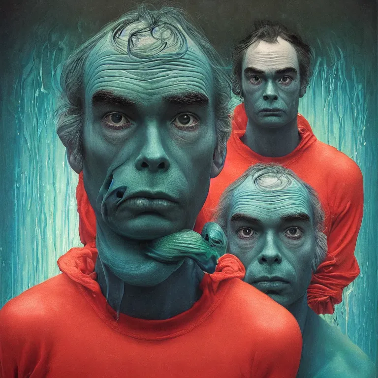 Image similar to Hyperrealistic intensely colored close up studio Photograph portrait of a deep sea bioluminescent Bill Hader, symmetrical face realistic proportions eye contact, sitting in His throne underwater, award-winning portrait oil painting by Norman Rockwell and Zdzisław Beksiński vivid colors high contrast hyperrealism 8k