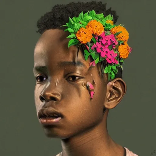 Prompt: colourful vfx art - portrait of nigerian boy wrapped in flowers & vines, art by hsiao - ron cheng & james jean, volumetric light, ray tracing, colourful, sharp, detailed, digital painting, illustration, illustration, highly detailed, intricate detail, unreal engine, octane render, pinterest, behance, art station,