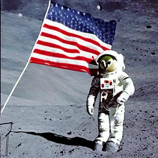 Image similar to old photo of a muppet on the moon, ( ( usa flag ) ), next to moon lander