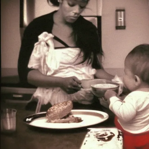 Image similar to “35mm photo of my mom feeding me in the kitchen when I was a baby. Its 1986. In the style of David lachappelle.”