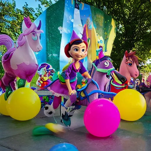 Prompt: children from Toy Story riding (my little pony) at a birthday party in the city park. balloons, cake, presents, craziness, havoc, by Pixar