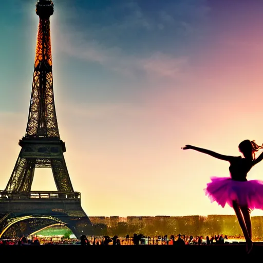 Image similar to !dream an 18 year old woman dancing in front of the eiffel tower in the year 2154, dramatic lighting