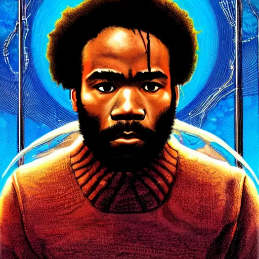 Image similar to donald glover, character portrait, portrait, close up, concept art, intricate details, highly detailed, vintage sci - fi poster, retro future, in the style of chris foss, rodger dean, moebius, michael whelan, and gustave dore