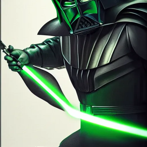 Image similar to Portrait of Mark hamil in the darth vader suit holding a green lightsabre, no helmet, elegant, digital painting, highly detailed, ultra realistic, fantasy, artstation, concept art, smooth, sharp focus, illustration, art by artgerm and greg rutkowski and alphonse mucha, studio lighting