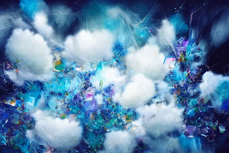 Prompt: simplicity, a flock of many puffy clouds tangled into large whirling ultra detailed clumps of crystal specimens, abstract environment, playful, award winning art, epic dreamlike fantasy landscape, ultra realistic,