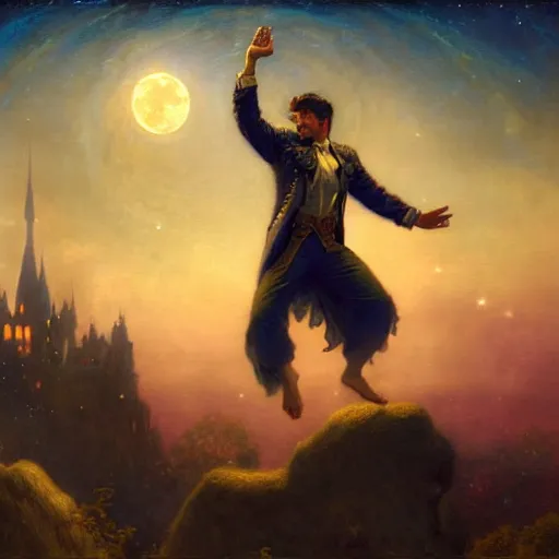 Image similar to attractive male wizard magically floating and flying high in the night sky, fantasy, full moon in background. highly detailed painting by gaston bussiere, craig mullins, j. c. leyendecker, mid shot, 8 k