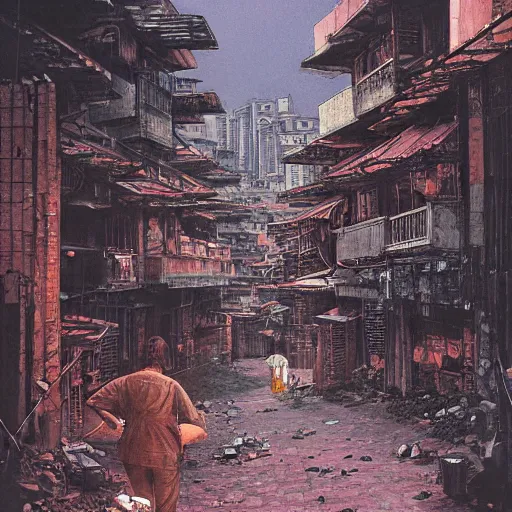 Image similar to Hopper and Moebius painting of Kowloon Walled City at dusk, looking down canyon-like alley with 5 floors of ramshackle apartments and business on all sides, to the bottom right some light is coming from a ground-floor cafe, where people are drinking tea and talking
