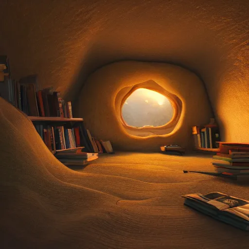 Image similar to books cave, atmospheric, dof, wide angle, very coherent composition, masterpiece, incredible details, highly detailed, photorealistic, disney pixar, warm colours, atmospheric, cozy place, smooth, hole as a window, octane render, iridescent, 8 k