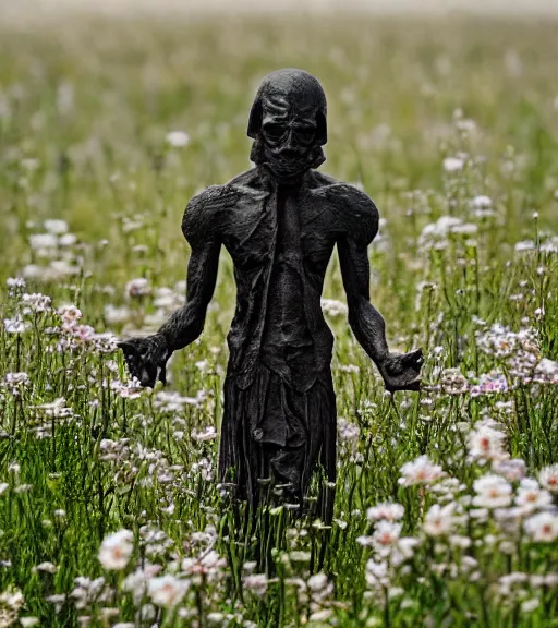 Prompt: mystical black death god figure standing in tall meadow of flowers, dslr photo, grainy, high detail, high resolution