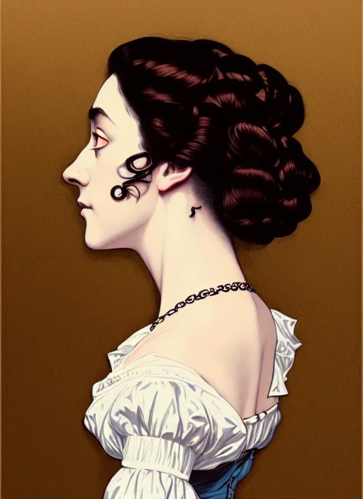 Image similar to 3 / 4 view of a portrait of woman in victorian clothing, confident pose, intricate, elegant, sharp focus, illustration, highly detailed, concept art, matte, trending on artstation, anime, art by james jean and artgerm and brian despain and alberto mielgo, ilya kuvshinov, strong strokes, gothic, haunted, art nouveau