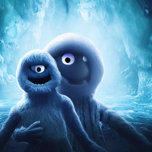 Prompt: elmo in the abyss staring at a clone, eldritch insanity, 4 k
