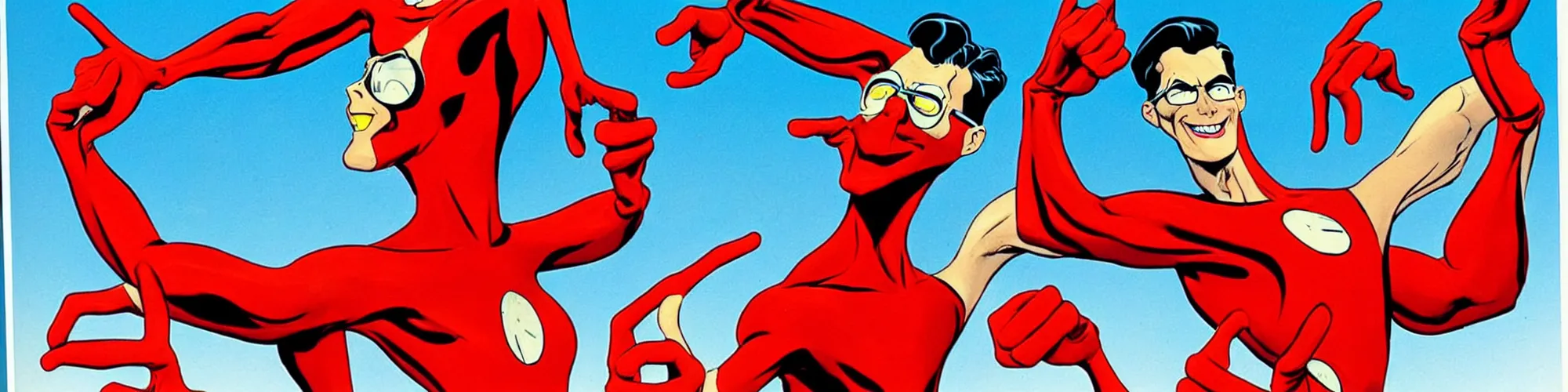 Prompt: plasticman showing off his weird limbs illustrated by todd mcfarlane with very long hands and arms and fingers and legs and feet twirling and twisting around on a very sunny day in another dimension, funny, silly