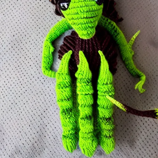 Prompt: knitted cuddly xenomorph cuddles ripley, cute styling, yarn, photorealistic