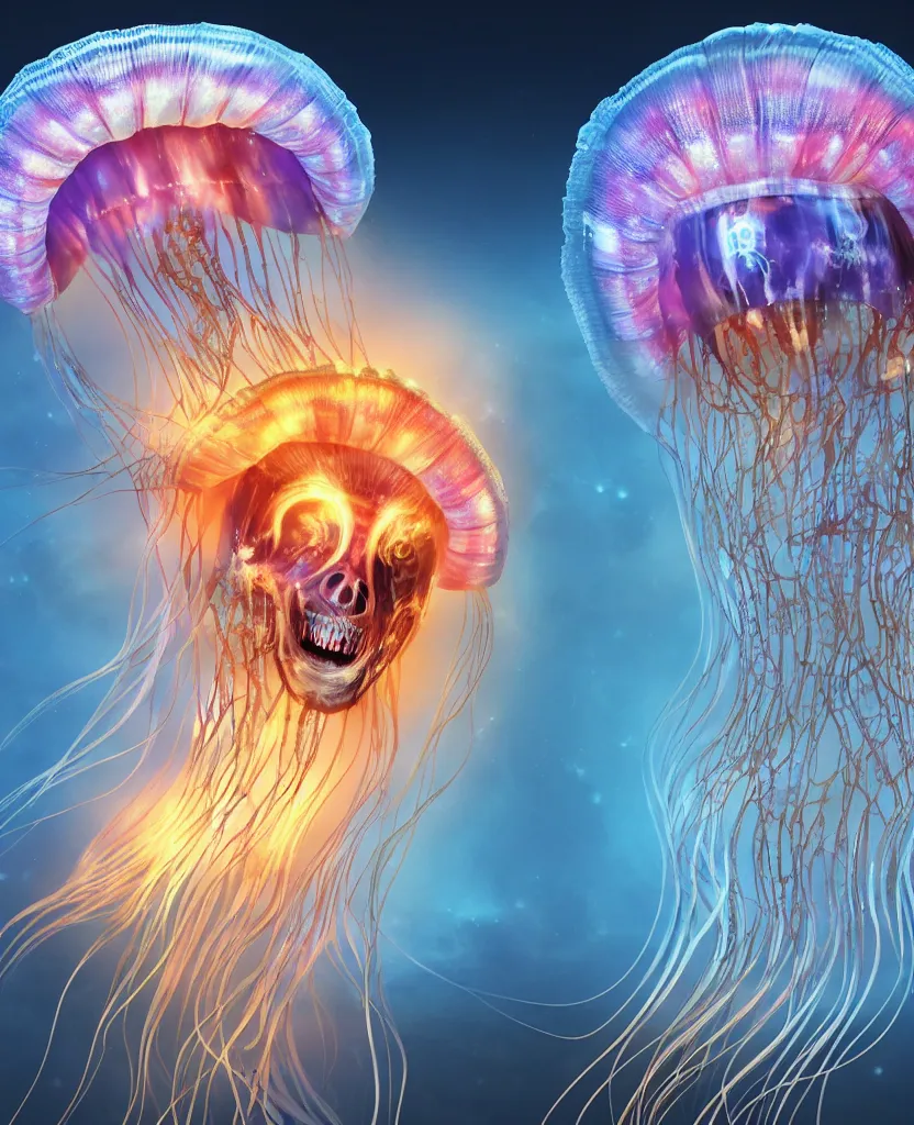 Image similar to close-up portrait of the face of a beautiful princess in a twisted flowers jellyfish mask in a spaceman suit surrounded by energy flow, epic angle and pose, symmetrical artwork, 3d with depth of field, blurred background, floating jellyfish skull phoenix bird, translucent, nautilus, energy flows of water and fire. a highly detailed epic cinematic concept art CG render. made in Maya, Blender and Photoshop, octane render, excellent composition, cinematic dystopian brutalist atmosphere, dynamic dramatic cinematic lighting, aesthetic, very inspirational, arthouse. y Greg Rutkowski, Ilya Kuvshinov, WLOP, Stanley Artgerm Lau, Ruan Jia and Fenghua Zhong