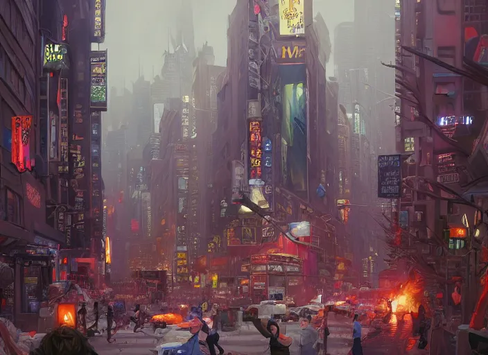 Prompt: chaos in the street of new york, unreal engine, fantasy art by greg, loish, rhads, ferdinand knab, tom bagshaw, makoto shinkai and lois van baarle, rossdraws, ilya kuvshinov, night lighting, trending on studio ghibli, highly detailed, 8 k, octane render