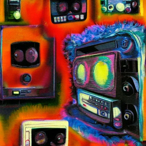 Image similar to array of crt televisions made out of fur, tv static, blob, antenna, stacked, polaroid, steroids, adult video store, impressionist painting, painting, acrylic painting, cell shaded