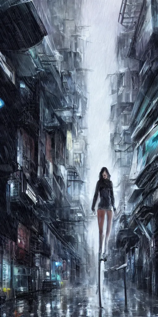 Image similar to a concept art landscape of a woman in the foreground, back to camera, standing in a claustrophobic alley of seedy futuristic city, standing in the rain with an umbrella, wet, emphasis on tall buildings, dirty, low angle