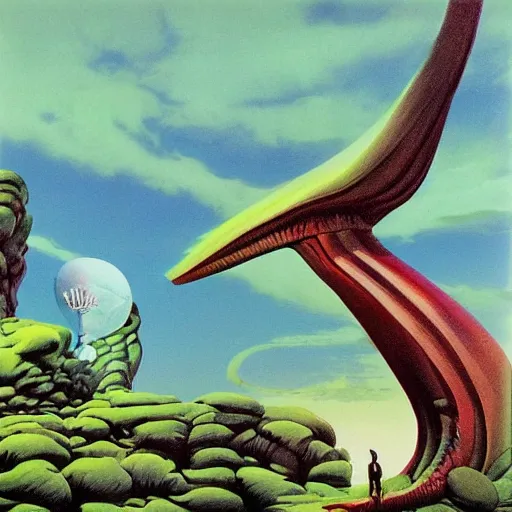 Prompt: roger dean art of a retro alien