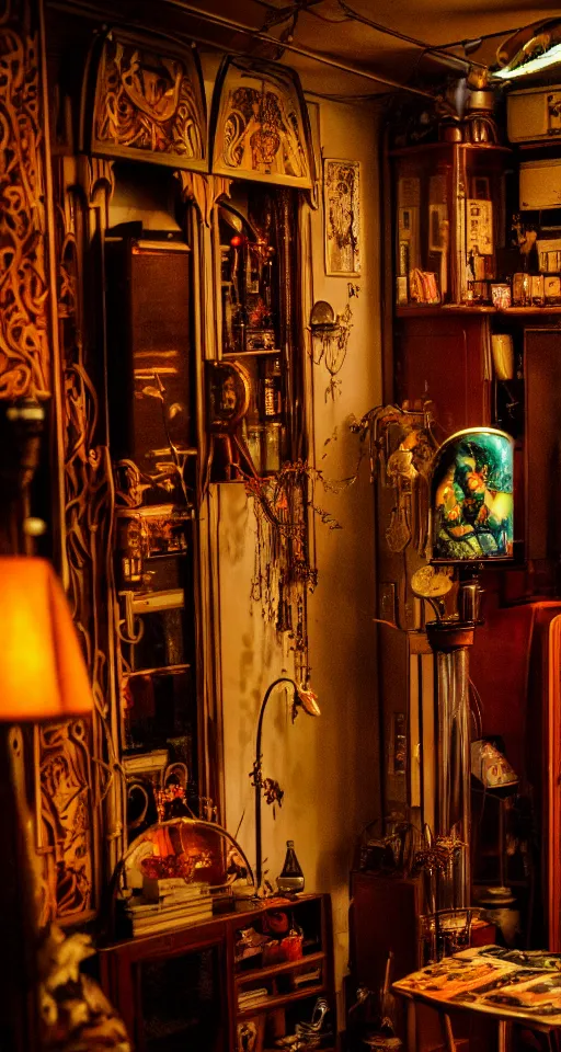 Image similar to telephoto 7 0 mm f / 2. 8 iso 2 0 0 photograph depicting the feeling of chrysalism in a cosy dark cluttered french art nouveau cyberpunk apartment in a dreamstate art cinema style.