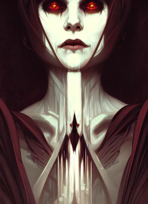 Image similar to symmetry!! portrait of a vampire, horror, moody lights!! intricate, scary, highly detailed, digital painting, artstation, concept art, smooth, sharp focus, illustration, art by artgerm and greg rutkowski and alphonse mucha