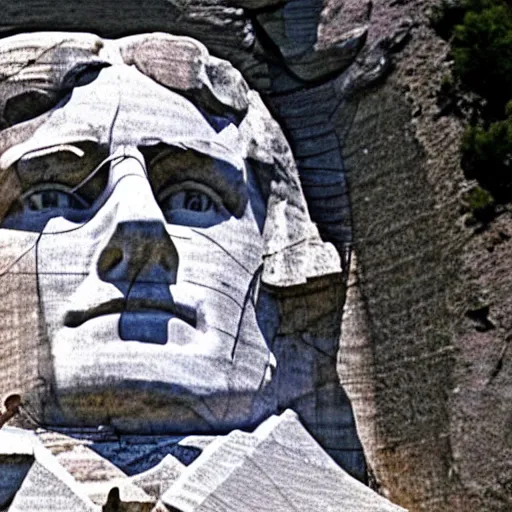 Prompt: a photo of mount rushmore after donald trump's face had been added. the photo clearly depicts the facial features of donald trump and his particular hair style carved into the stone at the mountain top
