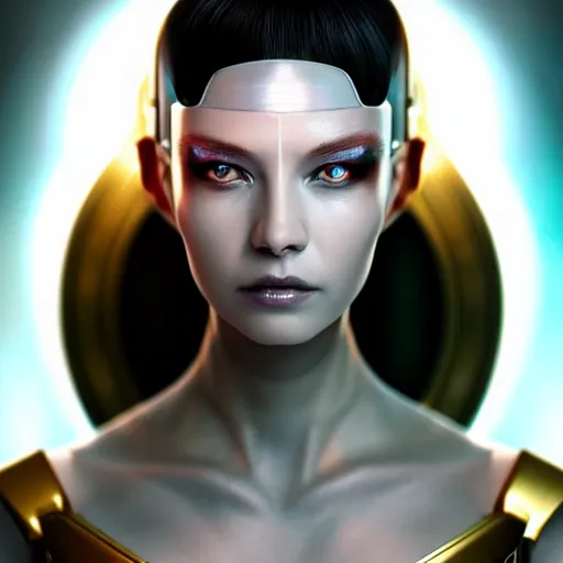 Image similar to futuristic woman android portrait, sci-fi female, striking azure eyes, face, short platinum hair, cyberpunk femme fatale, intricate, elegant lady with alabaster skin, highly detailed gold filigree, digital painting, artstation, concept art, smooth, sharp focus, illustration, studio photo by artgerm, Krenz Cushart, Wenqing Yan and Alphonse Mucha:3, overexposed, dark, gray, monochrome:-2