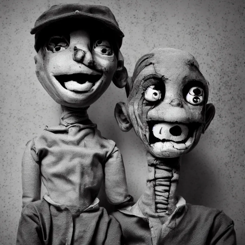 Image similar to creepy ventriloquist dummy in the style of roger ballen, 4 k, bw, portrait