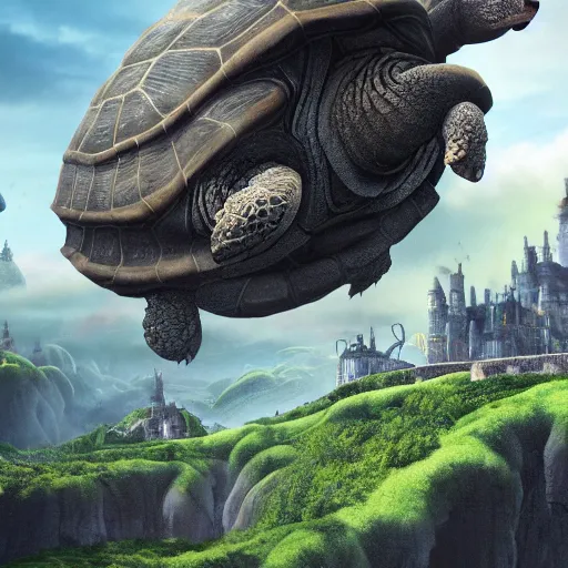 Image similar to giant tortoise walking with a large fantasy castle rising growing from the top of it, distant shot birds eye view, fantasy, hyper detailed, 4 k, howls moving castle, mortal engines,