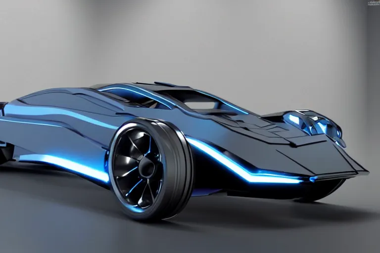 Image similar to cyberpunk batmobile concept inspired sports car, futuristic look, highly detailed body, very expensive, photorealistic camera shot, bright studio setting, studio lighting, crisp quality and light reflections, unreal engine 5 quality render