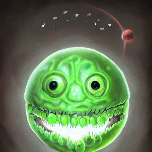 Image similar to a giant one - eyed bumpy wrinkly ball sphere green pea, with boney arms and a single sauron eye, lovecraft, trending on artstation, 4 k, video game art, oil painting