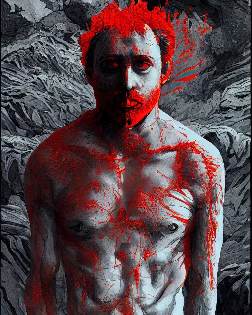 Image similar to sam hyde emerging from volcanic lava in cyberpunk theme by conrad roset, nicola samuri, dino valls, m. w. kaluta, rule of thirds, sigma male, gigachad look, beautiful