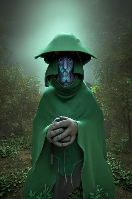 Image similar to A cute shaman with no nose, glowing eyes and a very long hooded dark green cloak of leaves by Julien Kaspar, 3D render, stylized, Cycles Render