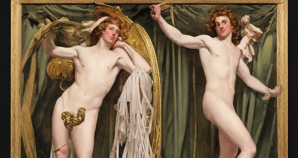Image similar to Painting of Apollo as a hedonistic prince in wispy opalescent silk robes, long blond drill curls and fringe, delicate pale porcelain skin, cool tones by Leyendecker and Norman Rockwell