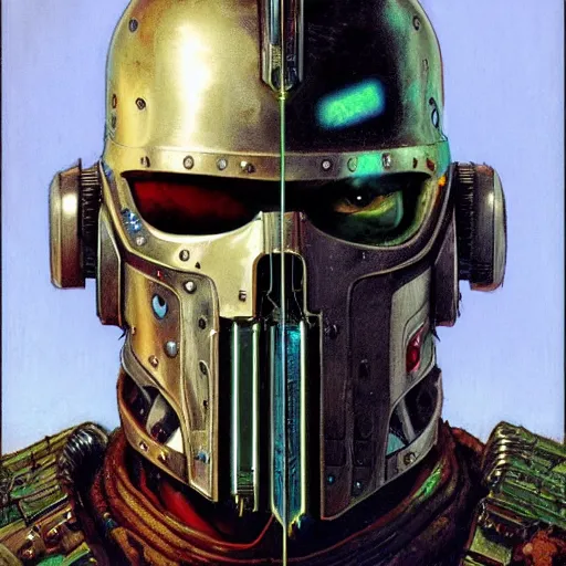 Image similar to the doomslayer as a cyberpunk knight, closeup portrait art by norman rockwell and donato giancola and greg rutkowski