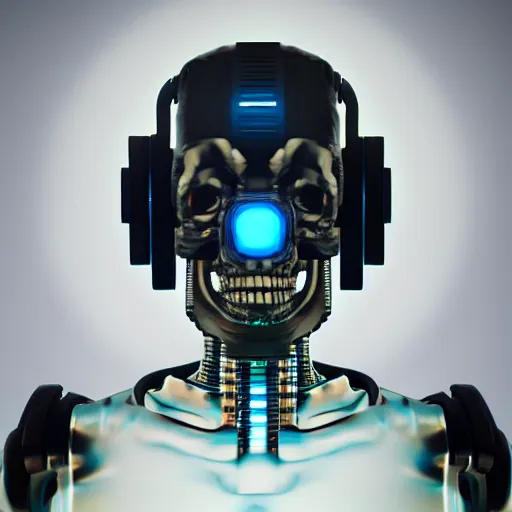 Image similar to portrait of cybernetic overlord of the metaverse, skull, upper torso included, medium shot, 1 0 0 mm lens, hard surface, ceramics, reflections, ambient occlusion, raytracing, unreal engine 5, pixel art 8 - bit, by beeple