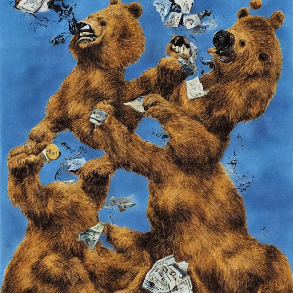 Prompt: style of the salvador dali, a werebear robbing a bank
