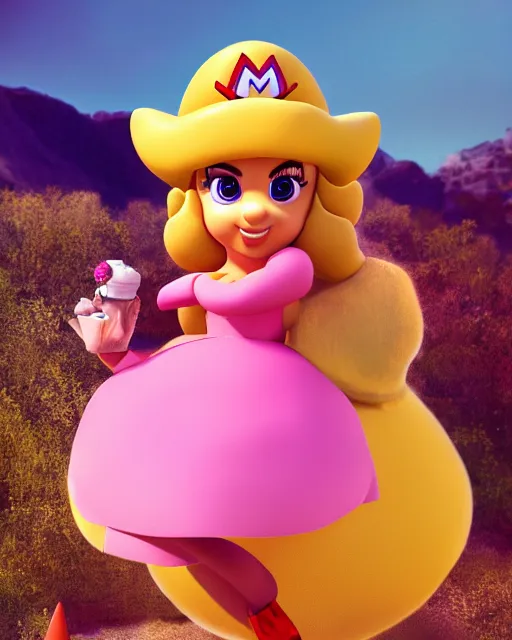 Prompt: film still of kim kardashian as princess peach in mario, feminine charms, 3d render , vibrant high contrast, octane, arney freytag, cinematic, glamorous, backlit, rim lighting, 8k