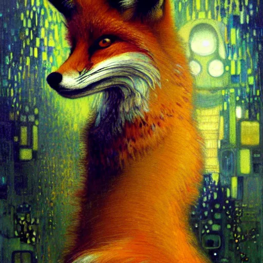 Image similar to portrait of a female fox in suit. shadowrun furaffiniy cyberpunk fantasy highly detailed painting by gaston bussiere craig mullins jc leyendecker gustav klimt artgerm greg rutkowski john berkey, bergey, craig mullins, ruan jia, raymond swanland, jeremy mann, tom lovell, alex malveda