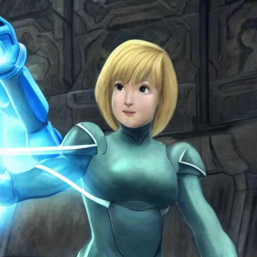 Image similar to A still of Samus Aran from Metroid in Game of Thrones (2011), wearing a light-blue dress, photorealistic