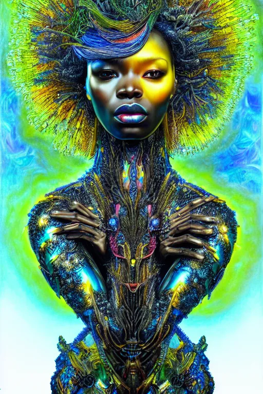 Image similar to hyperrealistic maximalist super expressive! black woman with exoskeleton armor, merging with tree in a forest, highly detailed digital art masterpiece smooth cam de leon hannah yata dramatic pearlescent blue yellow light ground angle hd 8k sharp focus