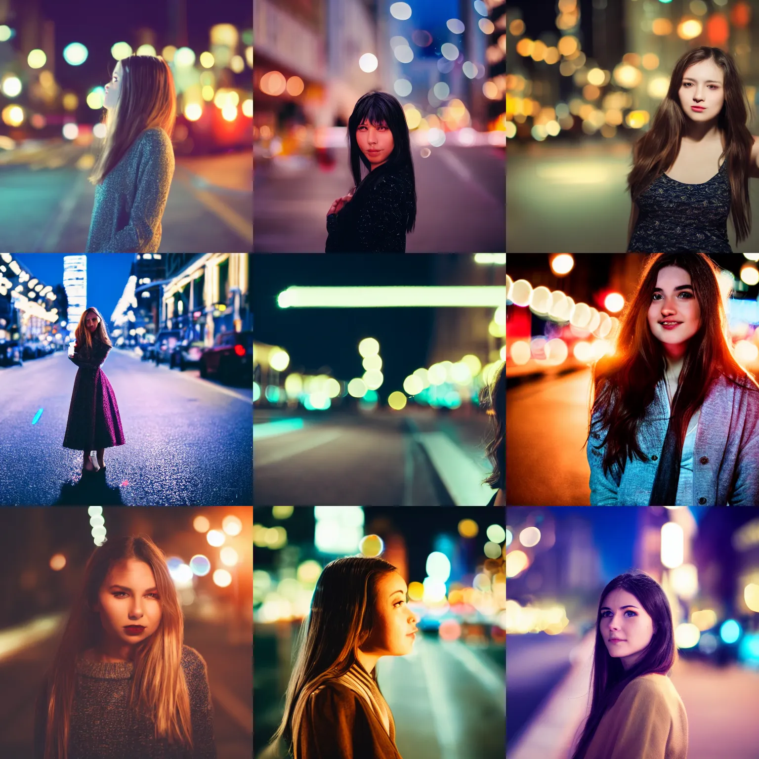 Prompt: photograph of a beautiful young woman in a city at night with bokeh, lens flare, out of focus light sources