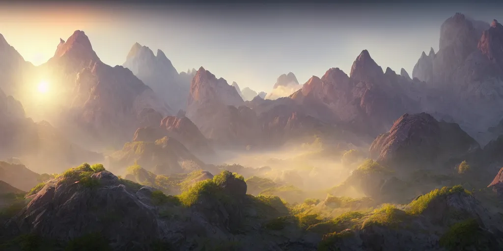 Prompt: epic mountains, dawn, sunrise colors, fantasy illustration, matte painting, concept art, low angle shot, volumetric lighting, volumetric atmosphere, morning mist, art by james gurney, unreal engine 5, 8 k